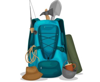 Travel equipment flat composition with backpack axe shovel touristic pot rope isolated vector illustration